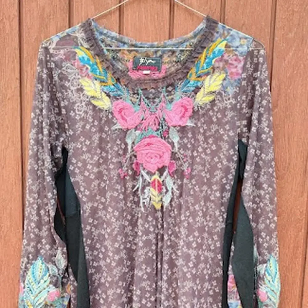 BIYA JOHNNY WAS | Embroidered Floral Sheer Mesh Long Sleeve Dress Knee Length S